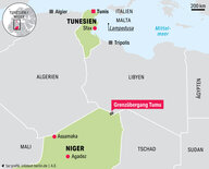 Eine geografische Karte von Algerien, Tunesien, Lybien und Niger zeigt die Knotenpunkte der Migration südlich und nördlich der Sahara: Tunis und Sfax im Norden, dann der Grenzübergang Tumu nach Niger und die Städte Assamaka und Agadez im Süden.